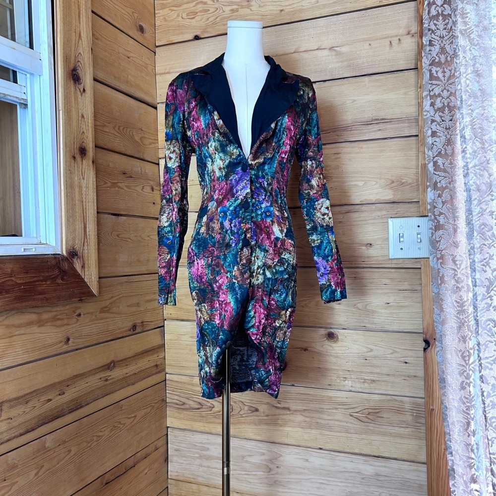 Vintage Floral Brocade Tuxedo Coat Gown Womens Size 7 Jewel Tone Asymmetric XXVI